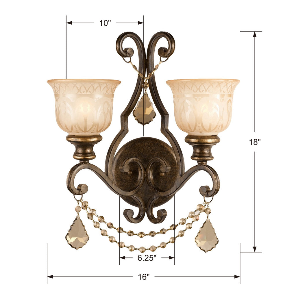 Norwalk 2 Light Golden Teak Hand Cut Crystal Bronze Umber Sconce Crystorama