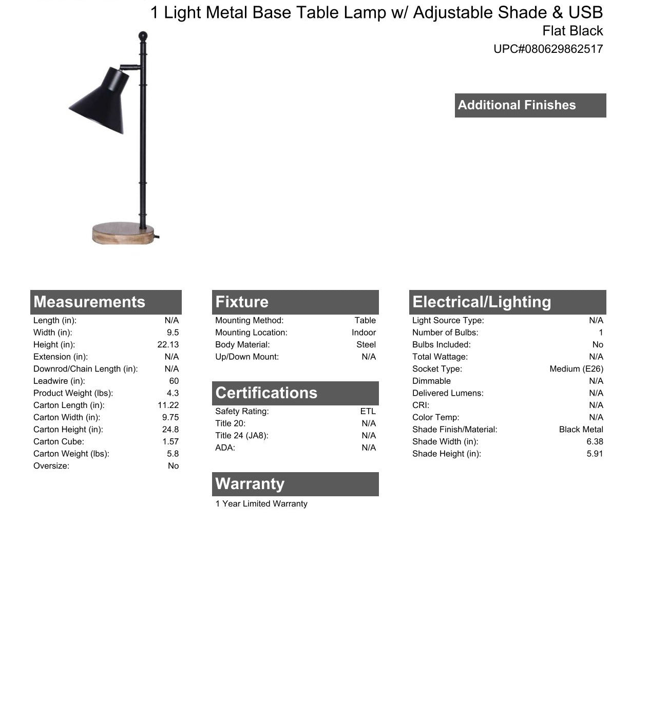 1 Light Metal Base Table Lamp w/ Adjustable Shade & USB in Flat Black