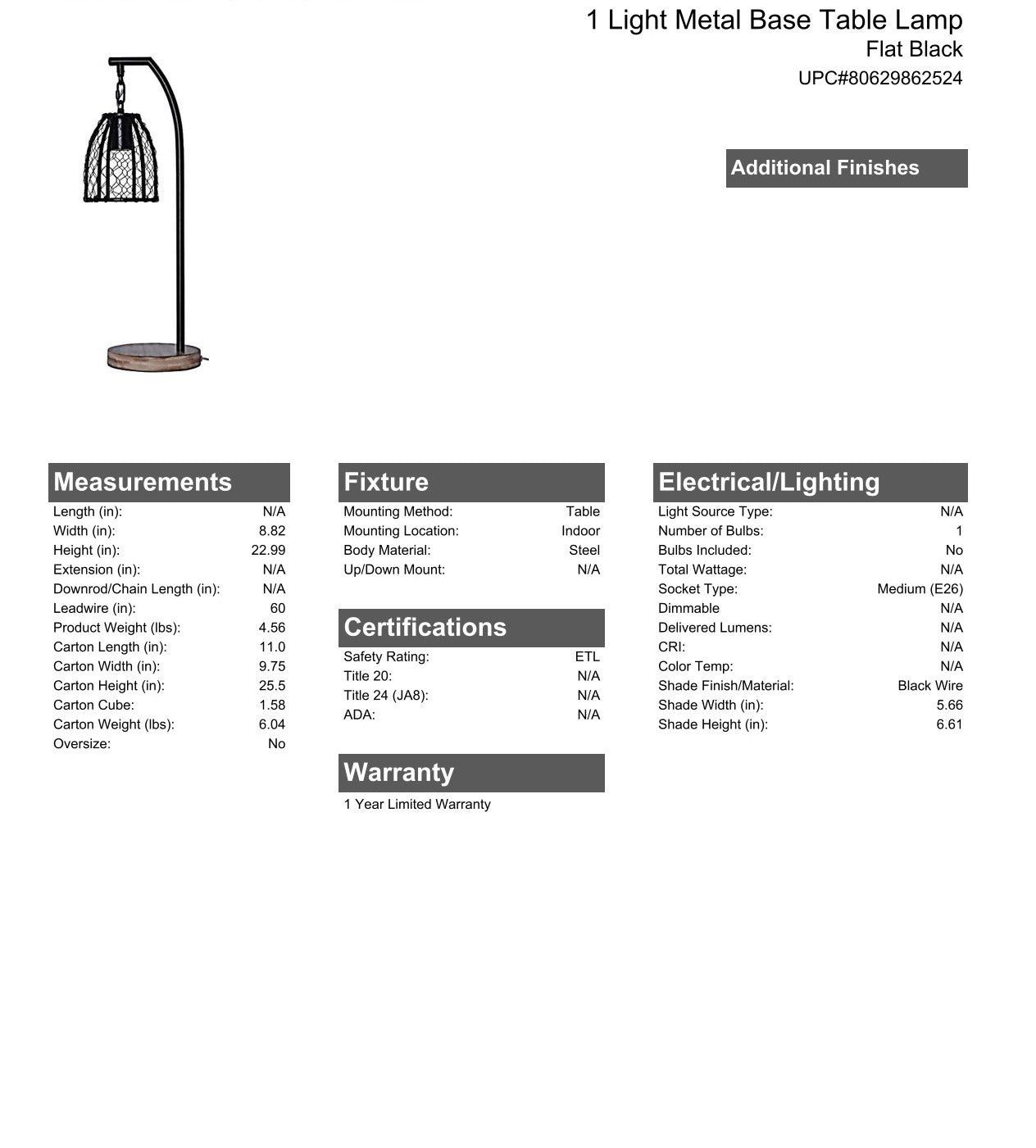 1 Light Metal Base Table Lamp in Faux Wood/ Black