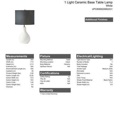 1 Light Ceramic Base Table Lamp in White
