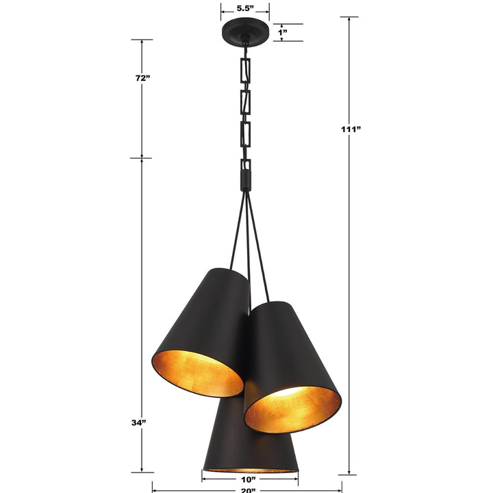 Brian Patrick Flynn Alston 3 Light Matte Black + Antique Gold Pendant Crystorama