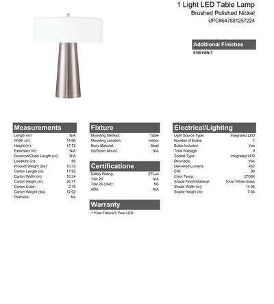 1 Light LED Table Lamp in Brushed Polished Nickel