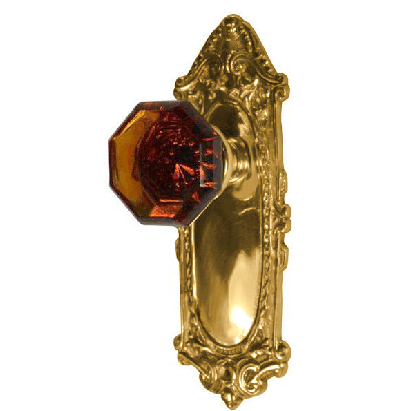Ornate Victorian Long Backplate Door Set with Octagon Amber Glass Door Knobs (Several Finishes Available)