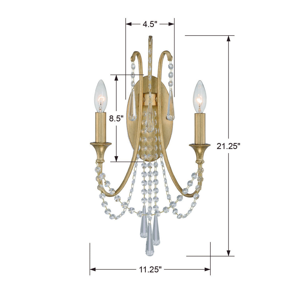 Arcadia 2 Light Antique Gold Sconce Crystorama