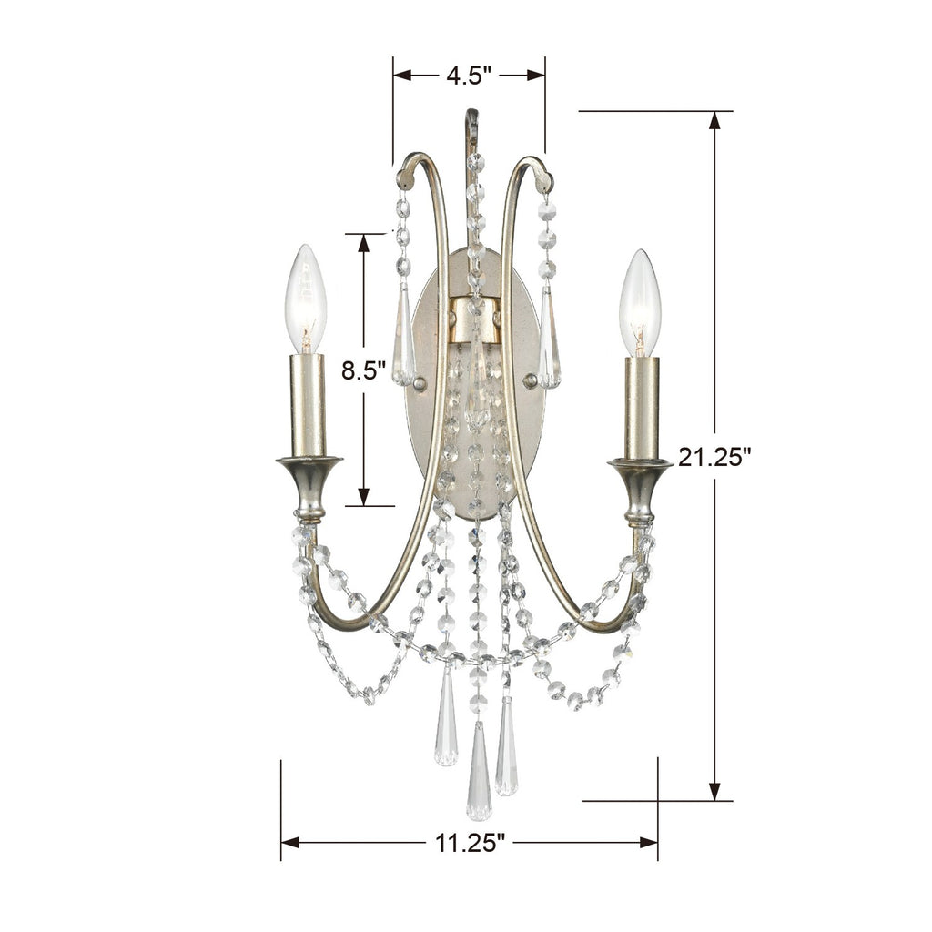 Arcadia 2 Light Antique Silver Sconce Crystorama