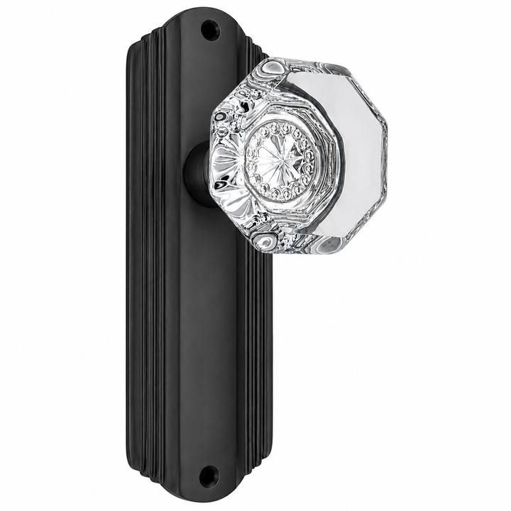 Art Deco Long Backplate Door Set with Octagon Crystal Door Knobs (Several Finishes Available)