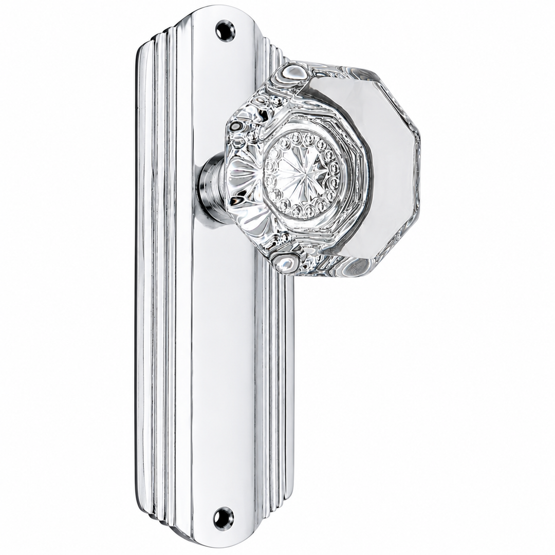 Art Deco Long Backplate Door Set with Octagon Crystal Door Knobs (Several Finishes Available)
