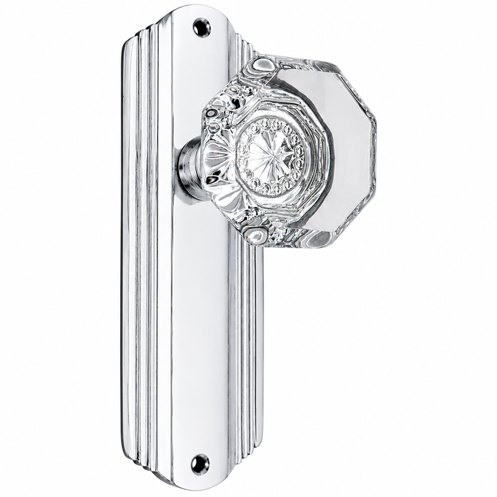 Art Deco Long Backplate Door Set with Octagon Crystal Door Knobs (Several Finishes Available)