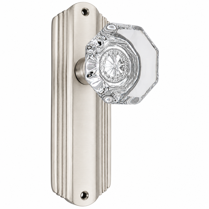 Art Deco Long Backplate Door Set with Octagon Crystal Door Knobs (Several Finishes Available)