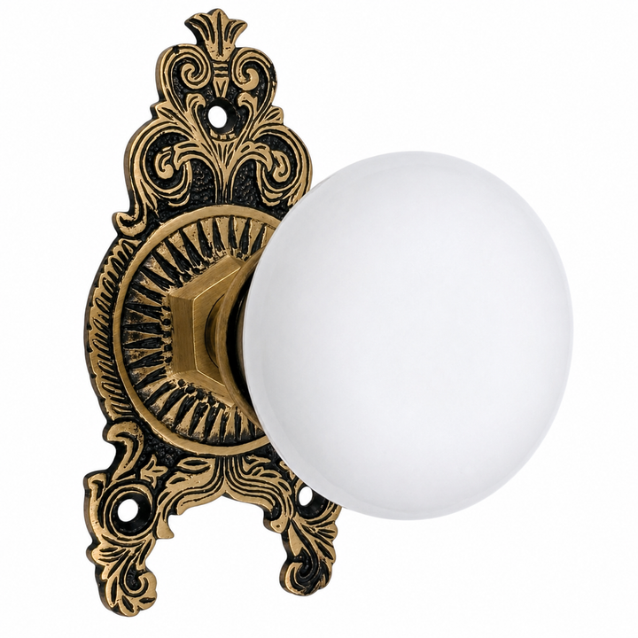 Ornate Victorian Rosette Door Set with White Porcelain Door Knobs (Several Finishes Available)