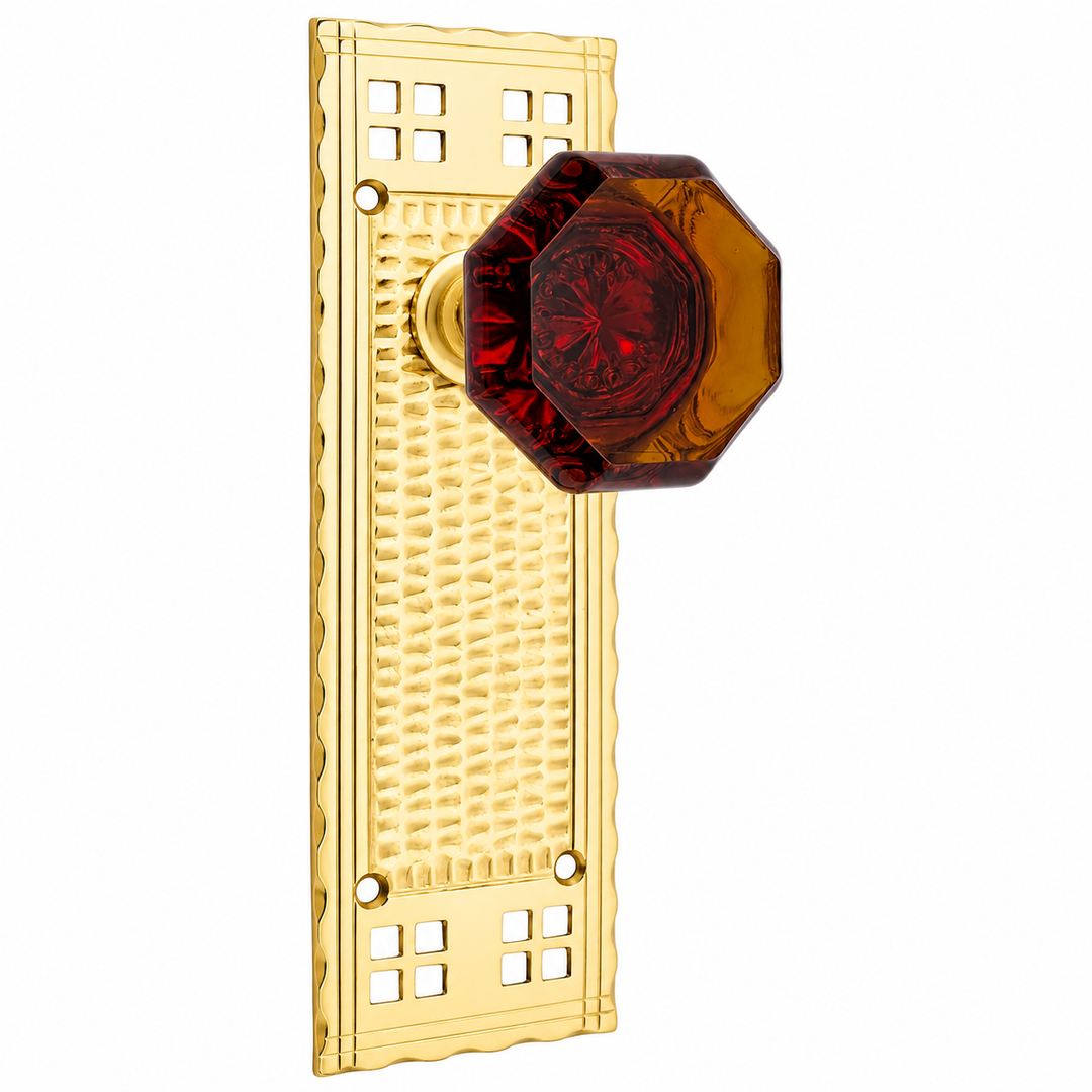 Arts & Crafts Backplate Door Set with Octagon Amber Glass Door Knobs (Black Bronze)