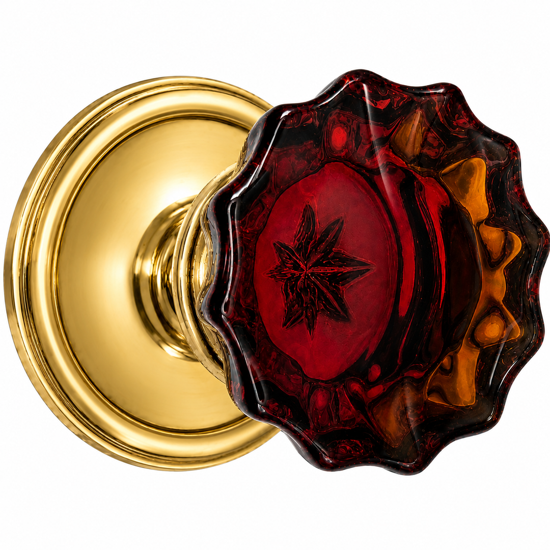 Traditional Rosette Door Set with Fluted Amber Glass Door Knobs (Several Finishes Available)