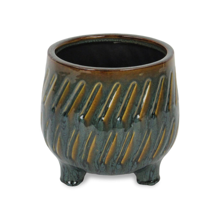 CHEUNGS Astrona Raised Round Dual Band Diagonal Patterned Ceramic Pot- Large - Dark Copper