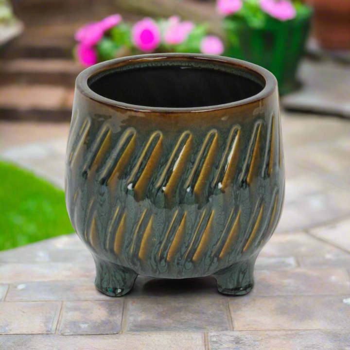 CHEUNGS Astrona Raised Round Dual Band Diagonal Patterned Ceramic Pot- Large - Dark Copper