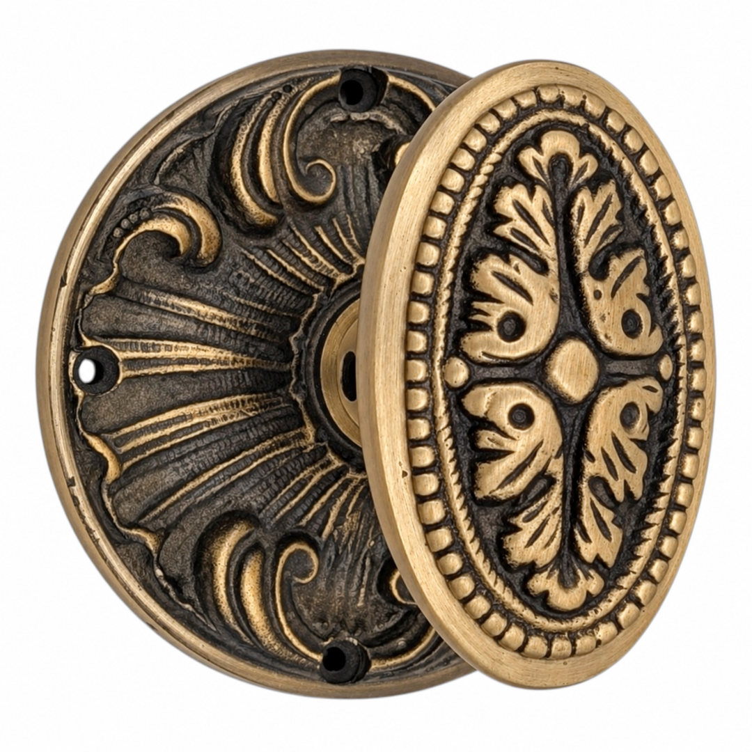 Romanesque Rosette Door Set with Avalon Oval Door Knobs (Several Finishes Available)