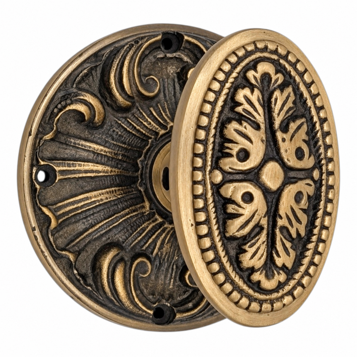 Romanesque Rosette Door Set with Avalon Oval Door Knobs (Several Finishes Available)