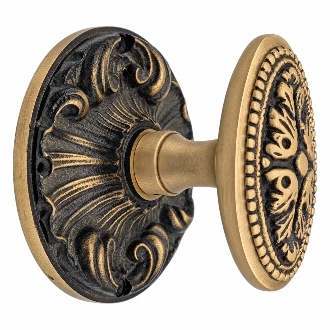 Romanesque Rosette Door Set with Avalon Oval Door Knobs (Several Finishes Available)