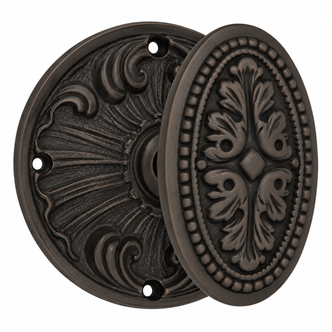 Romanesque Rosette Door Set with Avalon Oval Door Knobs (Several Finishes Available)