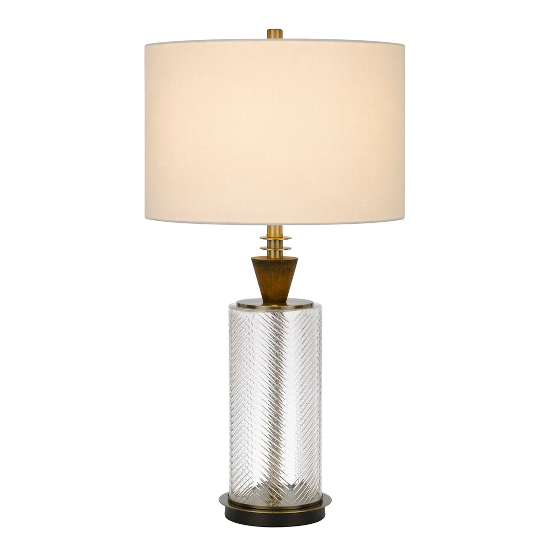 150W 3 WAY SHERWOOD GLASS TABLE LAMP WITH WOOD FONT AND HARDBACK FABRIC DRUM SHADE Cal Lighting