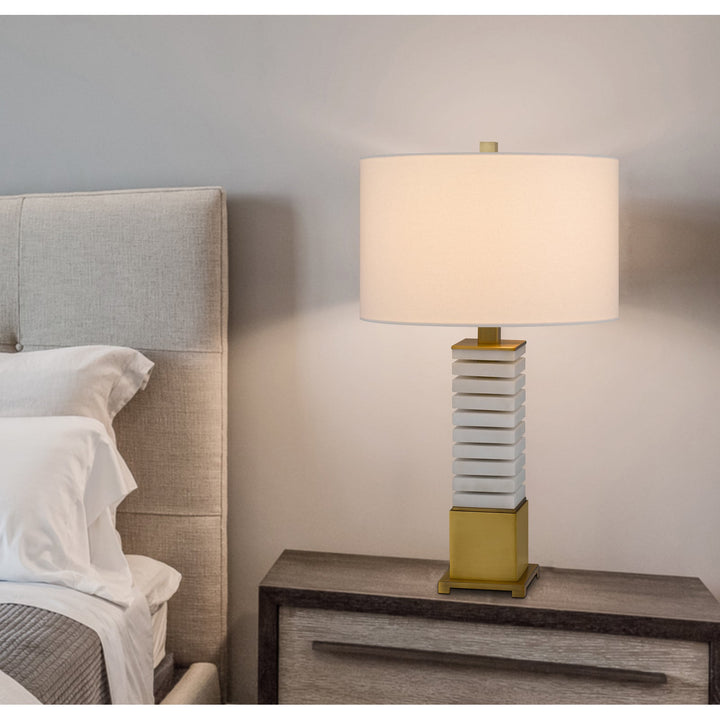 150W 3 WAY CRANBOURNE METAL/MARBLE TABLE LAMP WITH DRUM HARDBACK FABRIC SHADE Cal Lighting