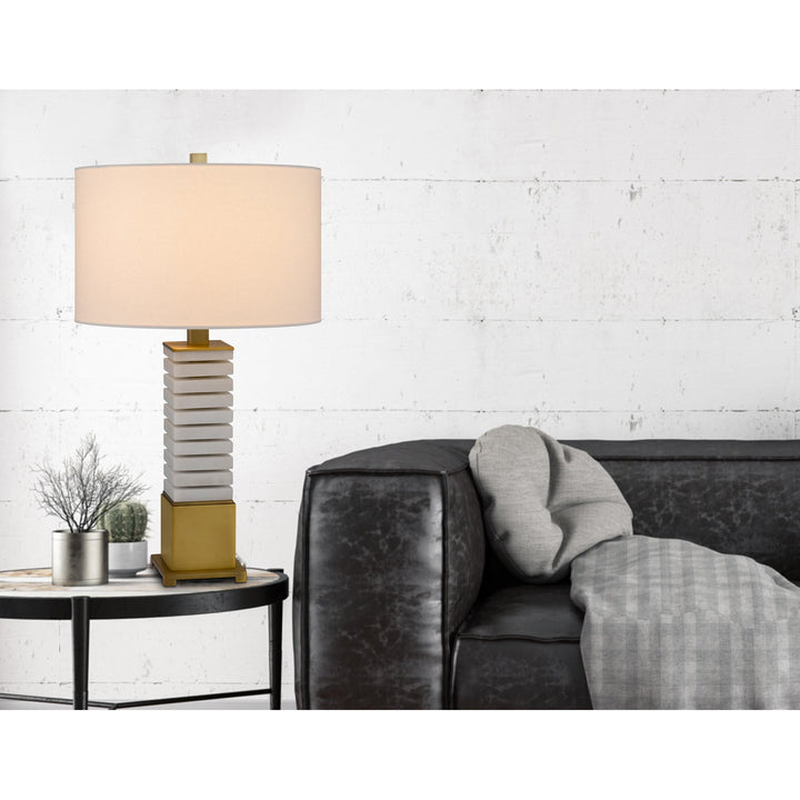 150W 3 WAY CRANBOURNE METAL/MARBLE TABLE LAMP WITH DRUM HARDBACK FABRIC SHADE Cal Lighting
