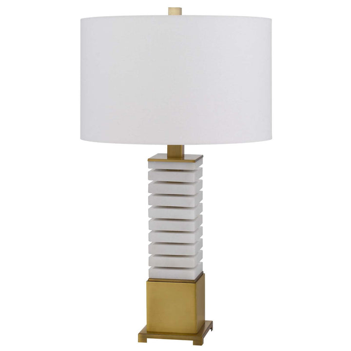 150W 3 WAY CRANBOURNE METAL/MARBLE TABLE LAMP WITH DRUM HARDBACK FABRIC SHADE Cal Lighting