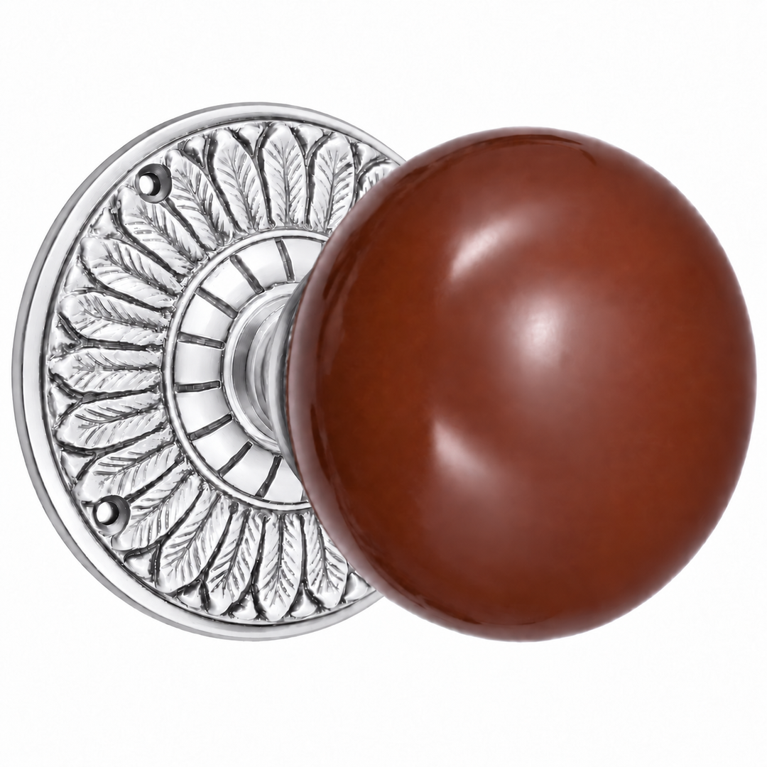 Brown Porcelain Door Knob with Brass Feathers Rosette (Several Finishes Available)