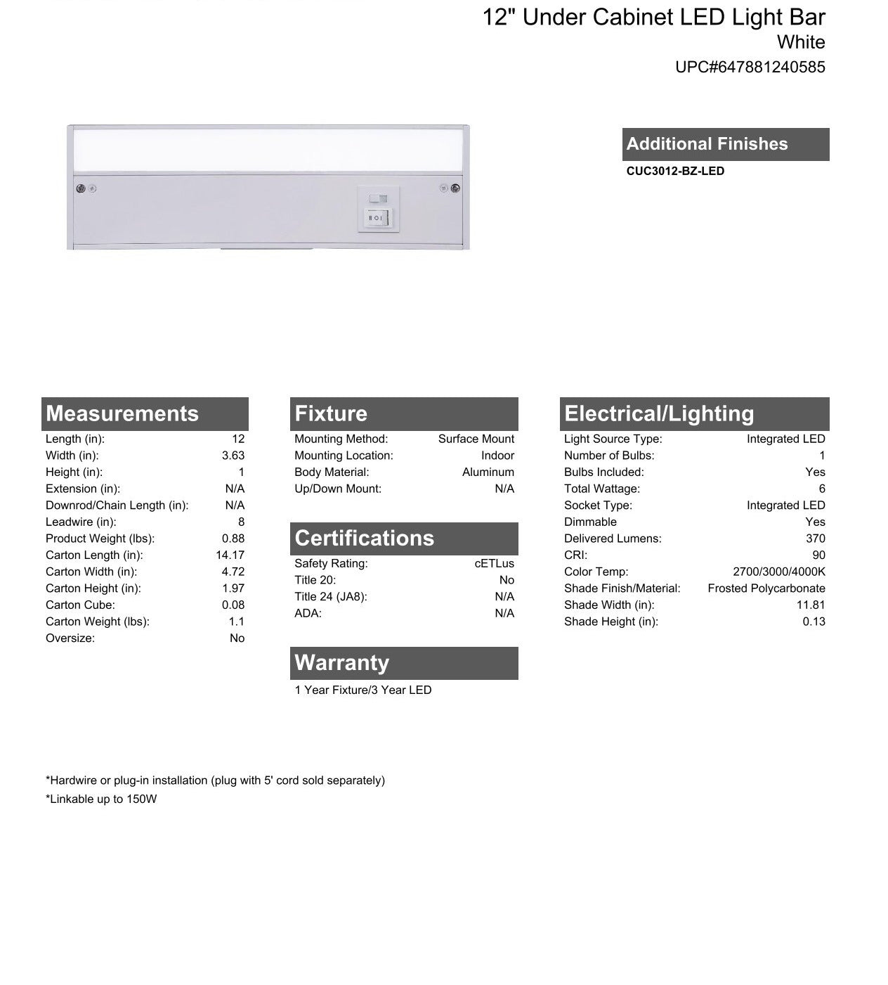 12" Under Cabinet LED Light Bar in White (3-in-1 Adjustable Color Temperature)