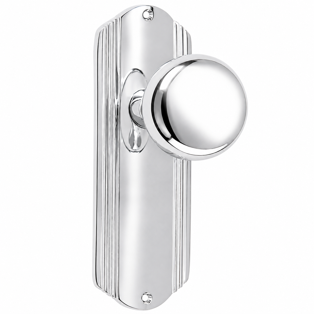 Art Deco Long Backplate Door Set with Brass Round Door Knobs (Several Finishes Available)