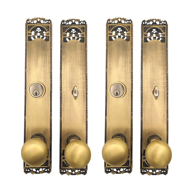 ##Antique Hardware## Long Cornice Plate Double Door Deadbolt Entryway Set