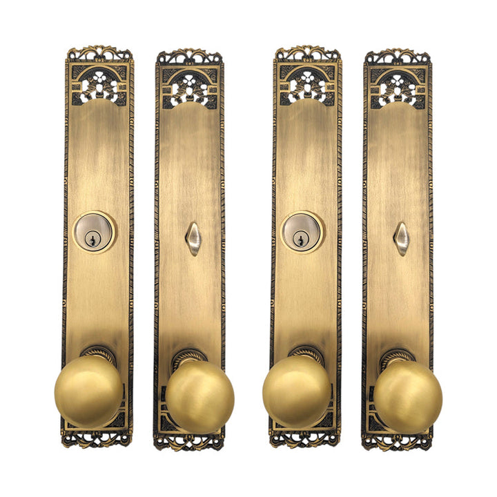 ##Antique Hardware## Long Cornice Plate Double Door Deadbolt Entryway Set