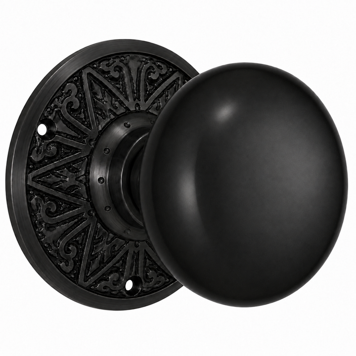 Eastlake Rosette Door Set with Black Porcelain Door Knobs (Several Finishes Available)