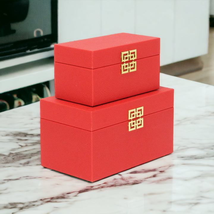 CHEUNGS Halona Set of 2 Double Happiness Shagreen Boxes - Red