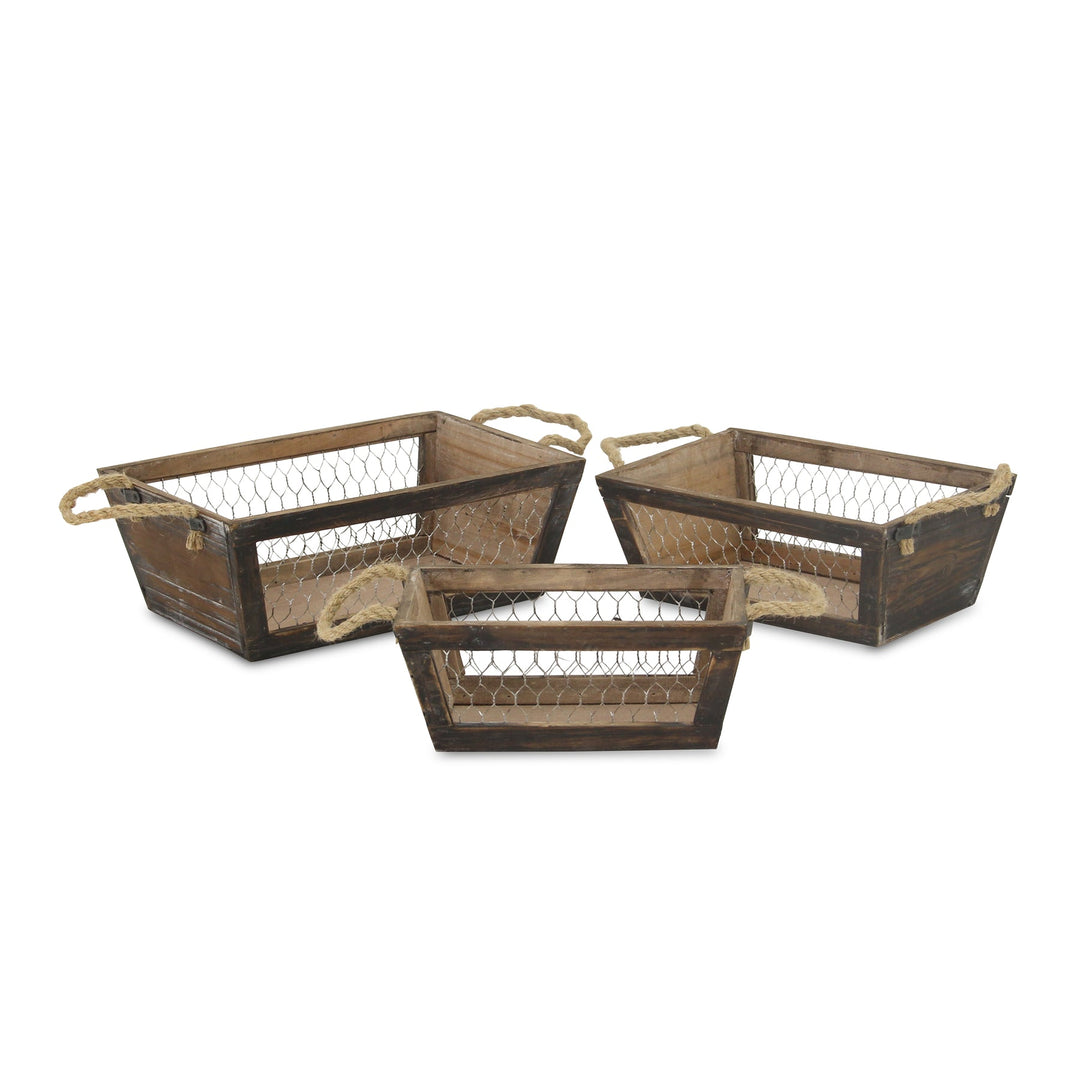 CHEUNGS Irona Set of 3 Tapered Wood & Wire Crates - Brown