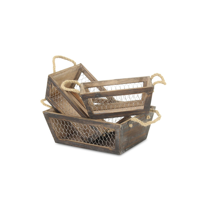 CHEUNGS Irona Set of 3 Tapered Wood & Wire Crates - Brown