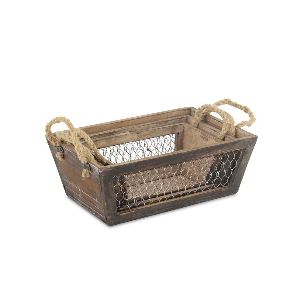 CHEUNGS Irona Set of 3 Tapered Wood & Wire Crates - Brown