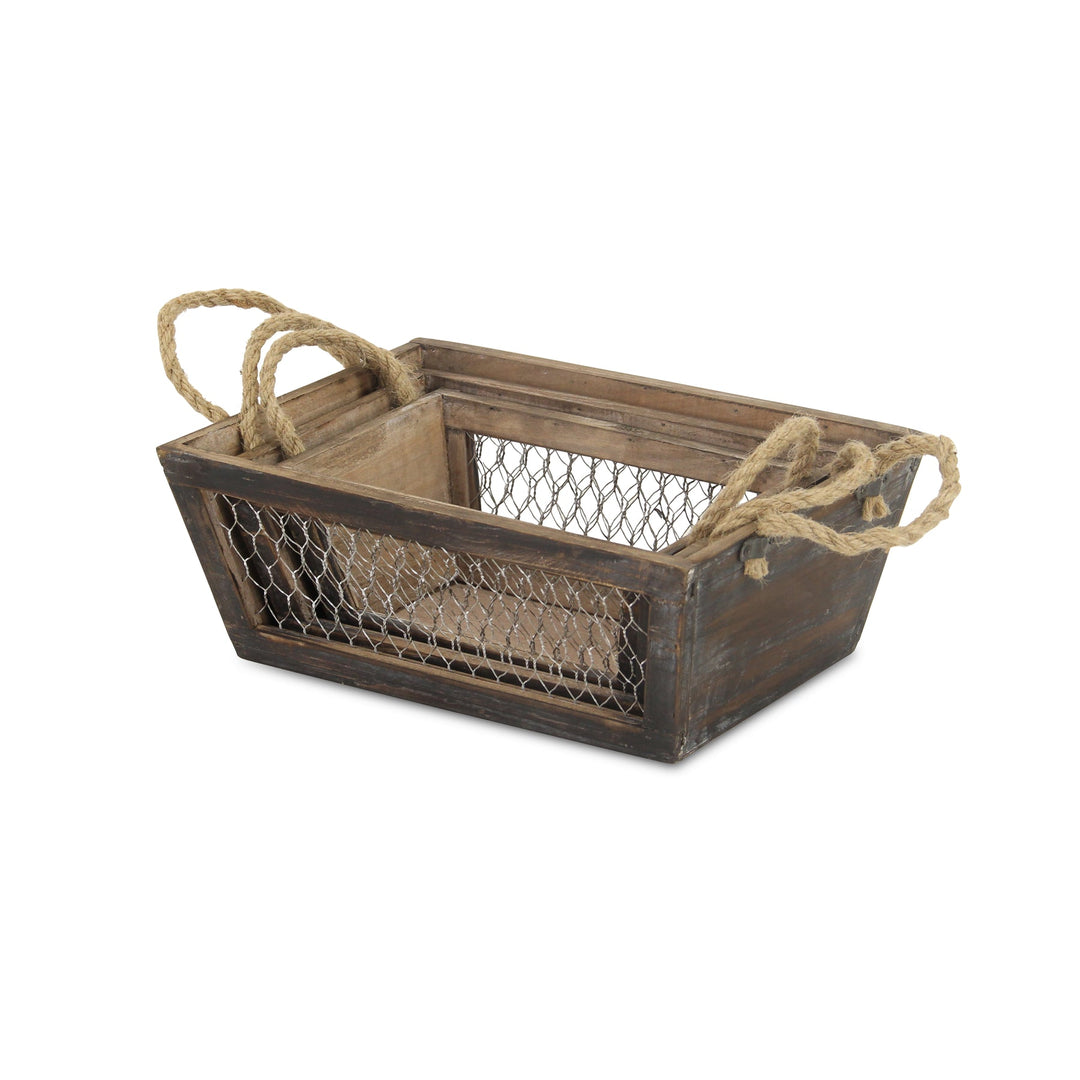 CHEUNGS Irona Set of 3 Tapered Wood & Wire Crates - Brown