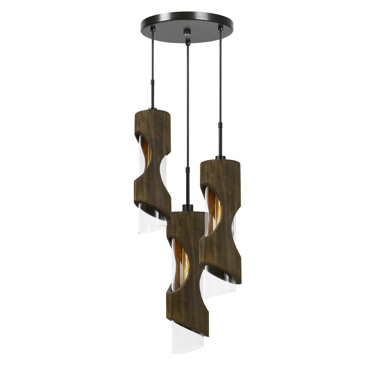 60W X 3 ZAMORA 3 LIGHT WOOD PENDANT WITH CLEAR GLASS SHADE (EDISON BULBS NOT INCLUDED) Cal Lighting