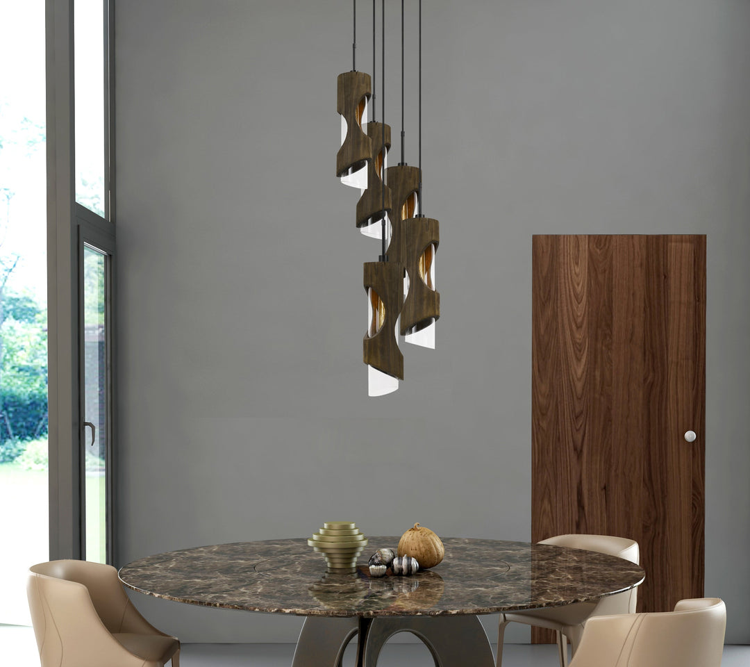 60W X 5 ZAMORA 5 LIGHT WOOD PENDANT WITH CLEAR GLASS SHADE (EDISON BULBS NOT INCLUDED) Cal Lighting