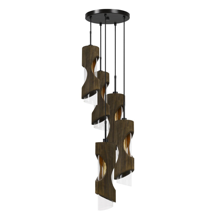 60W X 5 ZAMORA 5 LIGHT WOOD PENDANT WITH CLEAR GLASS SHADE (EDISON BULBS NOT INCLUDED) Cal Lighting