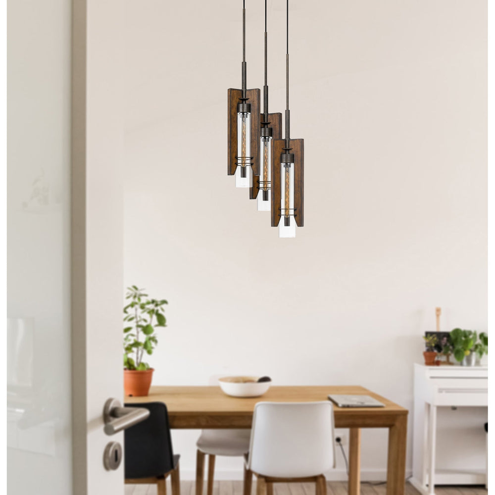 60W X 3 ALMERIA WOOD/GLASS 3 LIGHT PENDANT FIXTURE (EDISON BULBS NOT INCLUDED) Cal Lighting