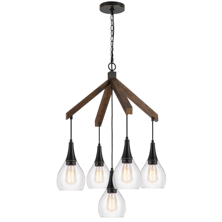 60W X 5 WATKINS RUBBER WOOD CHANDELIER WITH HANGING GLASS SHADES Cal Lighting