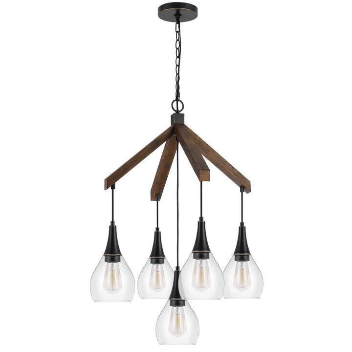 60W X 5 WATKINS RUBBER WOOD CHANDELIER WITH HANGING GLASS SHADES Cal Lighting