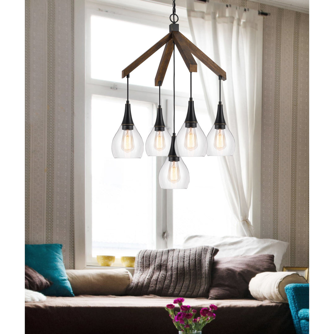 60W X 5 WATKINS RUBBER WOOD CHANDELIER WITH HANGING GLASS SHADES Cal Lighting