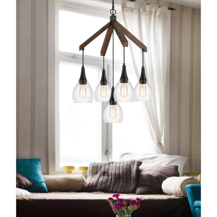 60W X 5 WATKINS RUBBER WOOD CHANDELIER WITH HANGING GLASS SHADES Cal Lighting