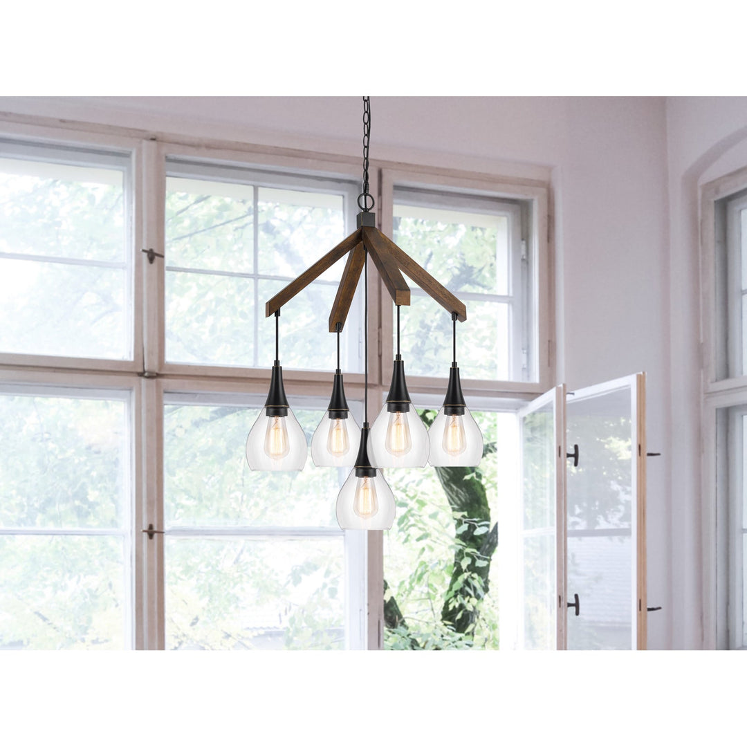 60W X 5 WATKINS RUBBER WOOD CHANDELIER WITH HANGING GLASS SHADES Cal Lighting