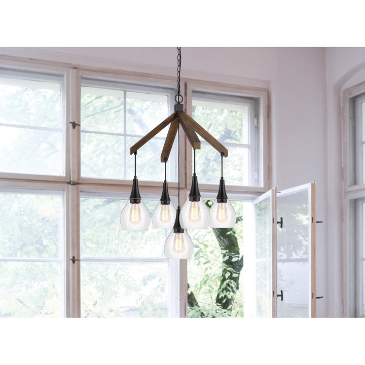 60W X 5 WATKINS RUBBER WOOD CHANDELIER WITH HANGING GLASS SHADES Cal Lighting