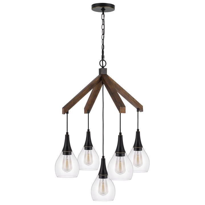60W X 5 WATKINS RUBBER WOOD CHANDELIER WITH HANGING GLASS SHADES Cal Lighting