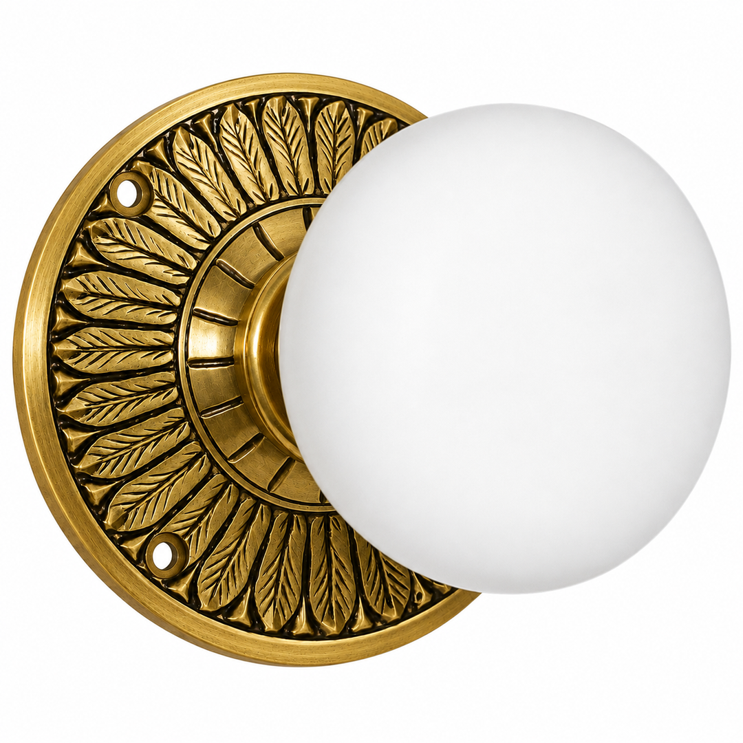 Feather Rosette Door Set with White Porcelain Door Knobs (Several Finishes Available)