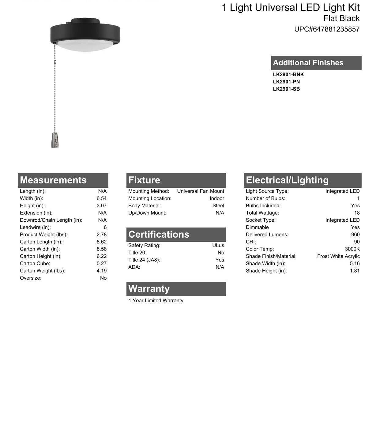1 Light Universal LED Disk Light Kit in Flat Black